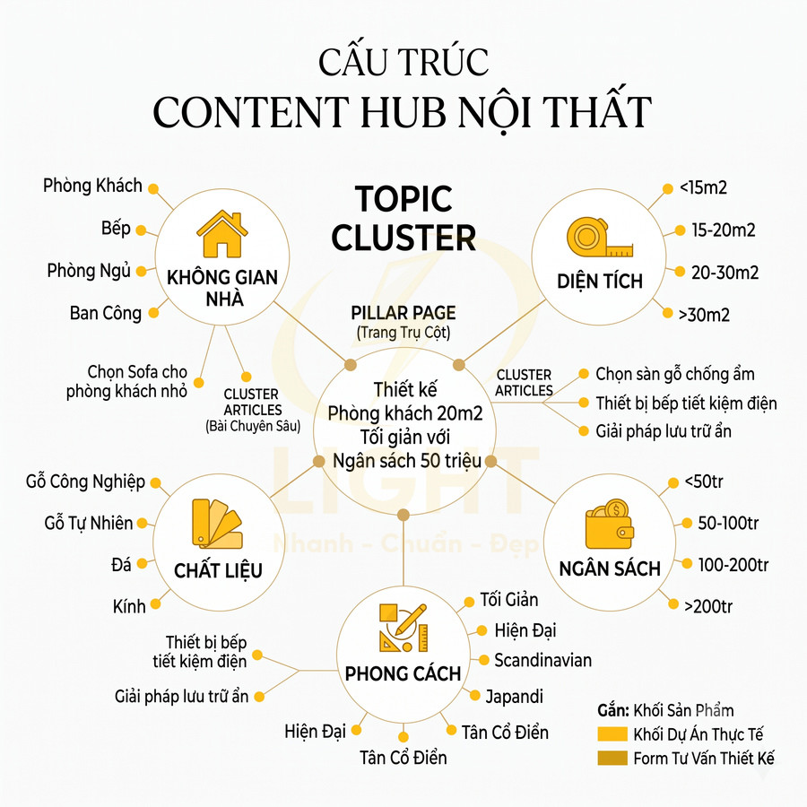 Sơ đồ cấu trúc content hub nội thất với topic cluster về thiết kế phòng khách 20m2 tối giản ngân sách 50 triệu
