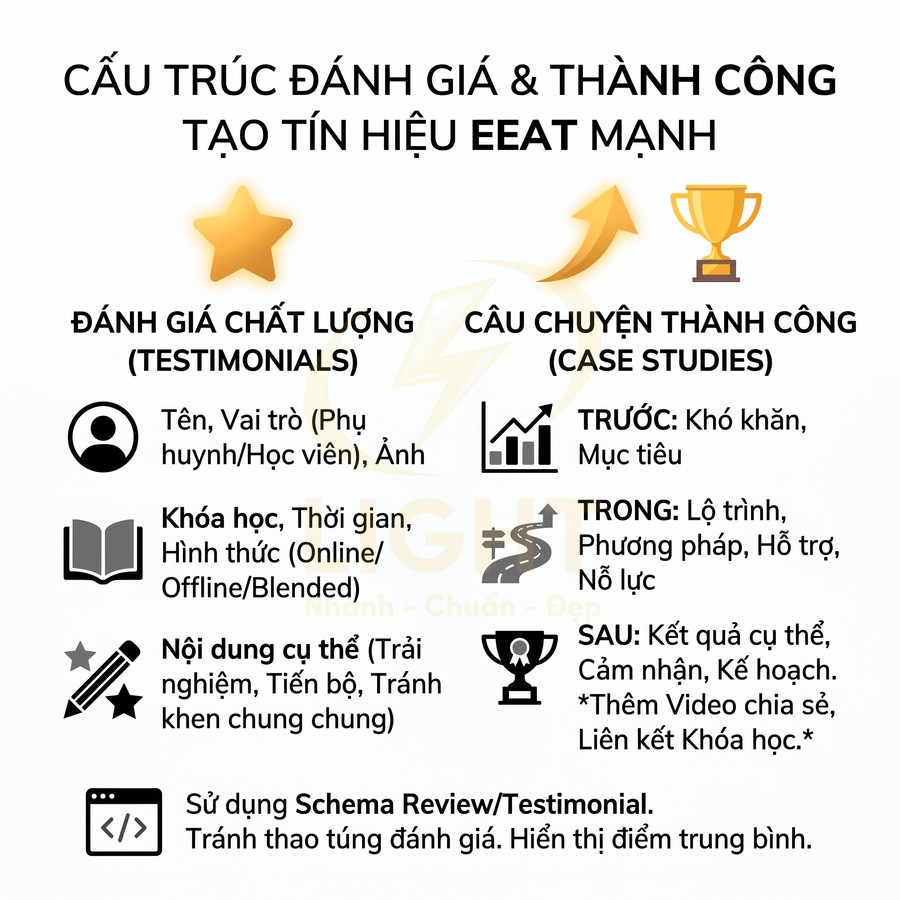 Infographic cấu trúc đánh giá chất lượng và câu chuyện thành công giúp tăng tín hiệu EEAT cho khóa học online