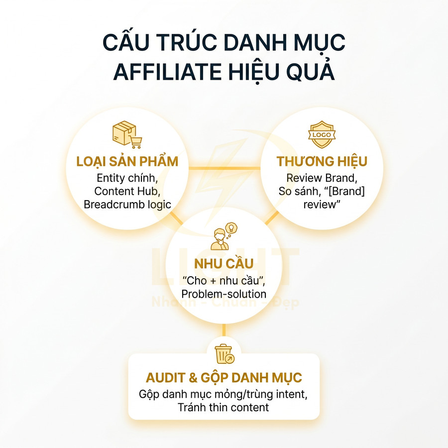 Sơ đồ cấu trúc danh mục affiliate hiệu quả với loại sản phẩm, thương hiệu, nhu cầu và audit gộp danh mục