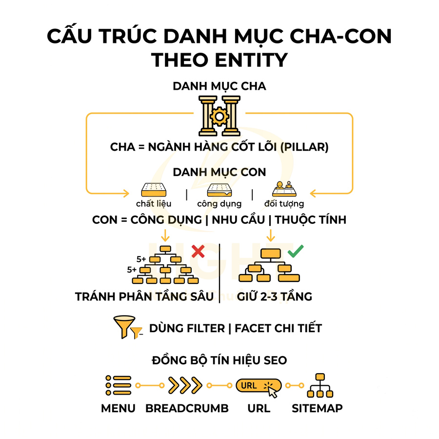 Sơ đồ cấu trúc danh mục cha con theo entity cho website thương mại điện tử chuẩn SEO
