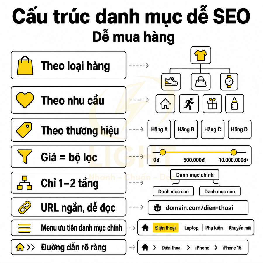 Cấu trúc danh mục sản phẩm dễ SEO với bộ lọc loại hàng nhu cầu thương hiệu giá và điều hướng rõ ràng