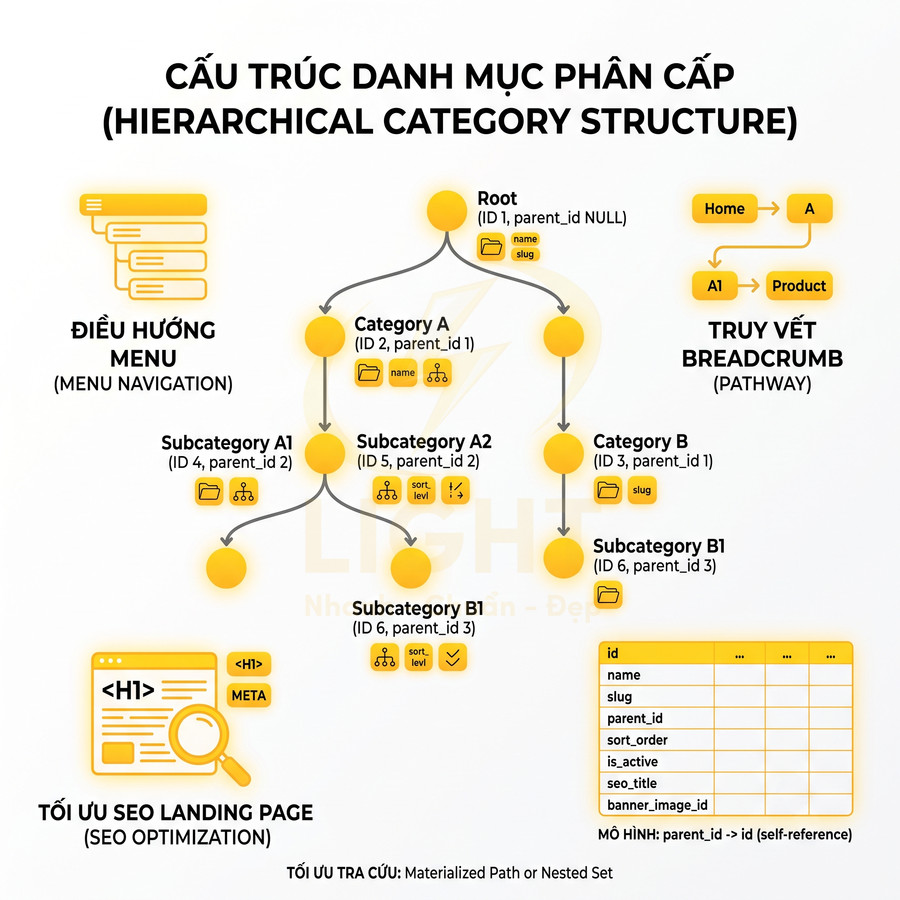 Sơ đồ cấu trúc danh mục phân cấp cho website với root, category, subcategory và tối ưu SEO, breadcrumb, menu navigation
