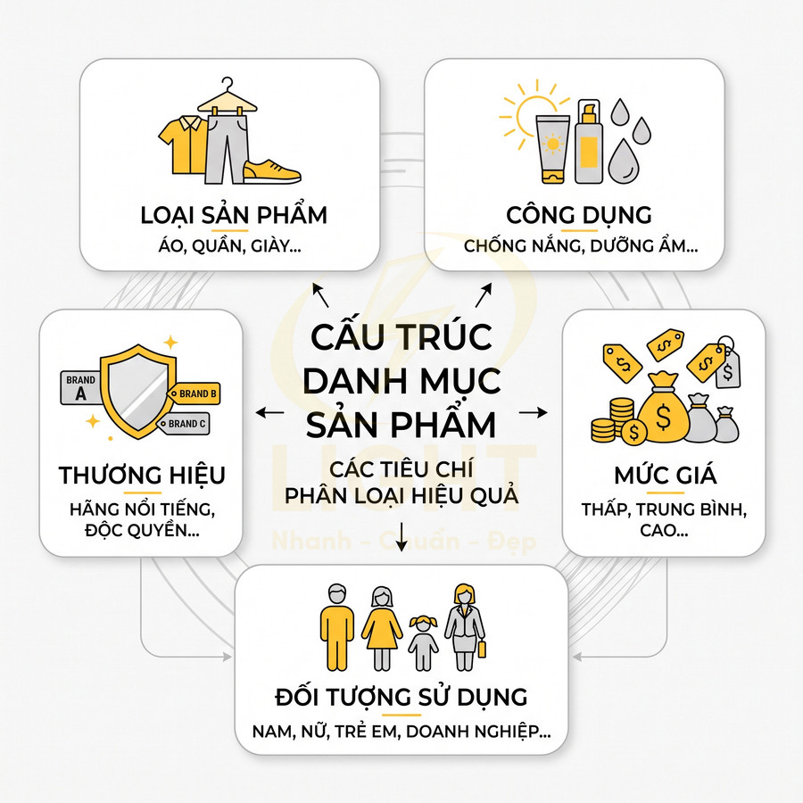 Sơ đồ cấu trúc danh mục sản phẩm với tiêu chí loại sản phẩm, công dụng, thương hiệu, mức giá và đối tượng sử dụng