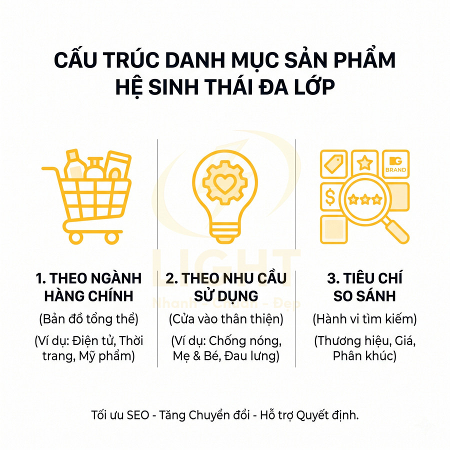 Cấu trúc danh mục sản phẩm hệ sinh thái đa lớp tối ưu SEO theo ngành hàng nhu cầu sử dụng và tiêu chí so sánh