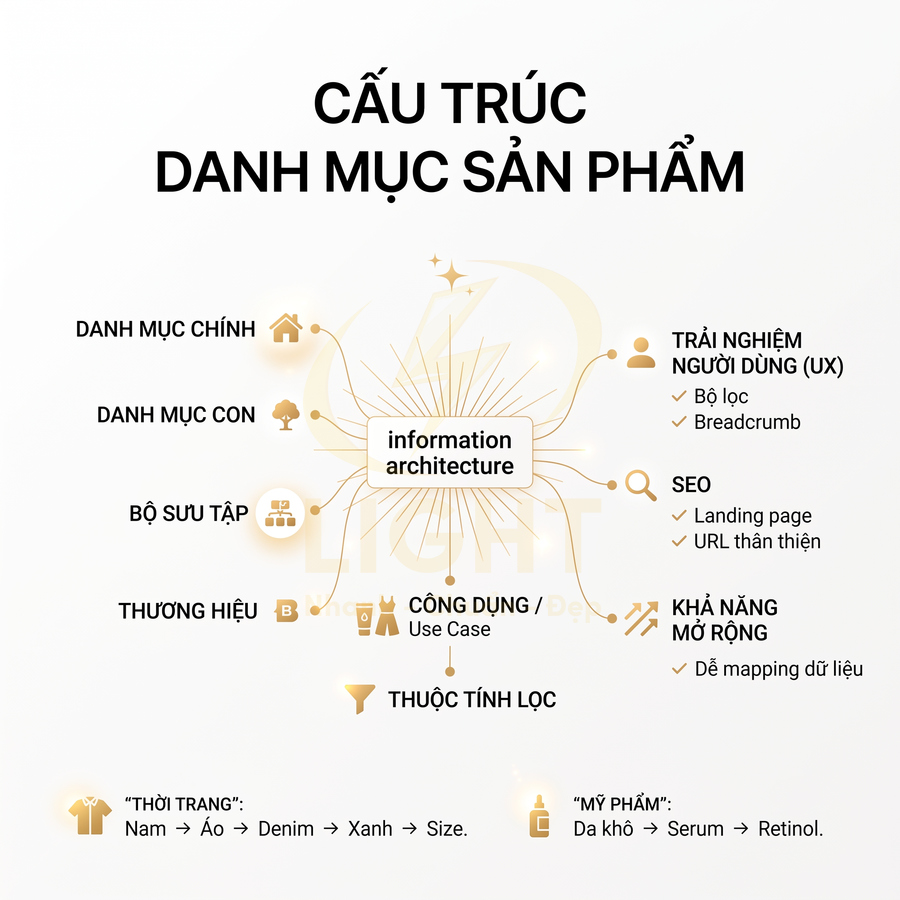 Mô hình cấu trúc danh mục sản phẩm ecommerce với information architecture, danh mục chính, bộ sưu tập và thuộc tính lọc