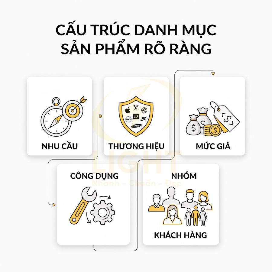 Cấu trúc danh mục sản phẩm theo nhu cầu thương hiệu mức giá công dụng và nhóm khách hàng
