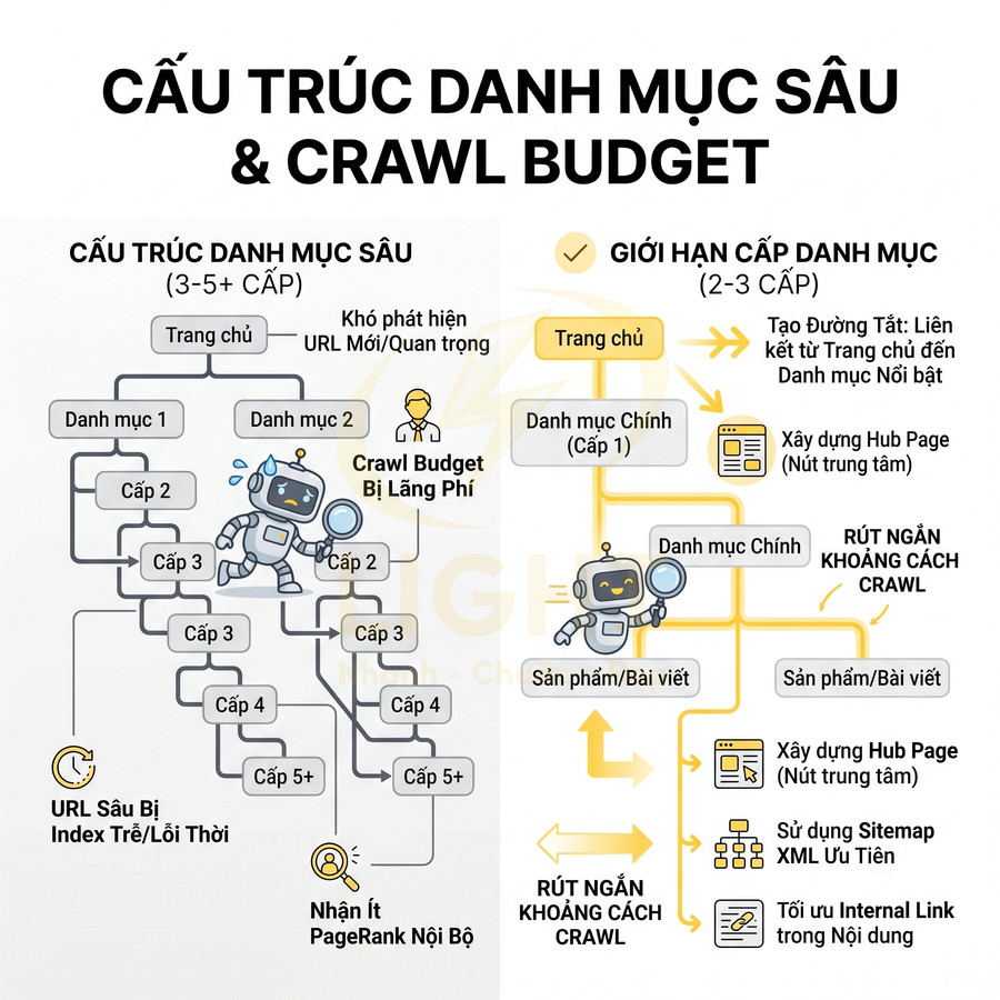 Minh họa so sánh cấu trúc danh mục sâu và giới hạn cấp danh mục để tối ưu crawl budget SEO