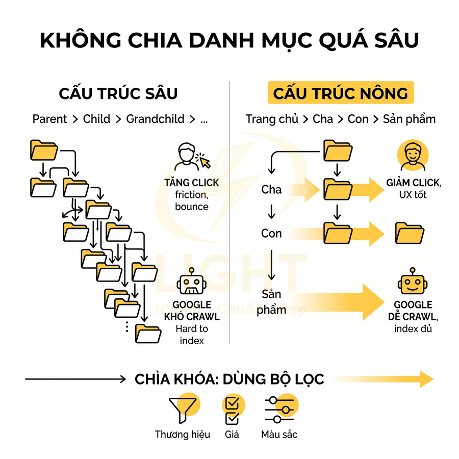Minh họa so sánh cấu trúc danh mục sâu và nông trong website, gợi ý dùng bộ lọc thương hiệu giá màu sắc