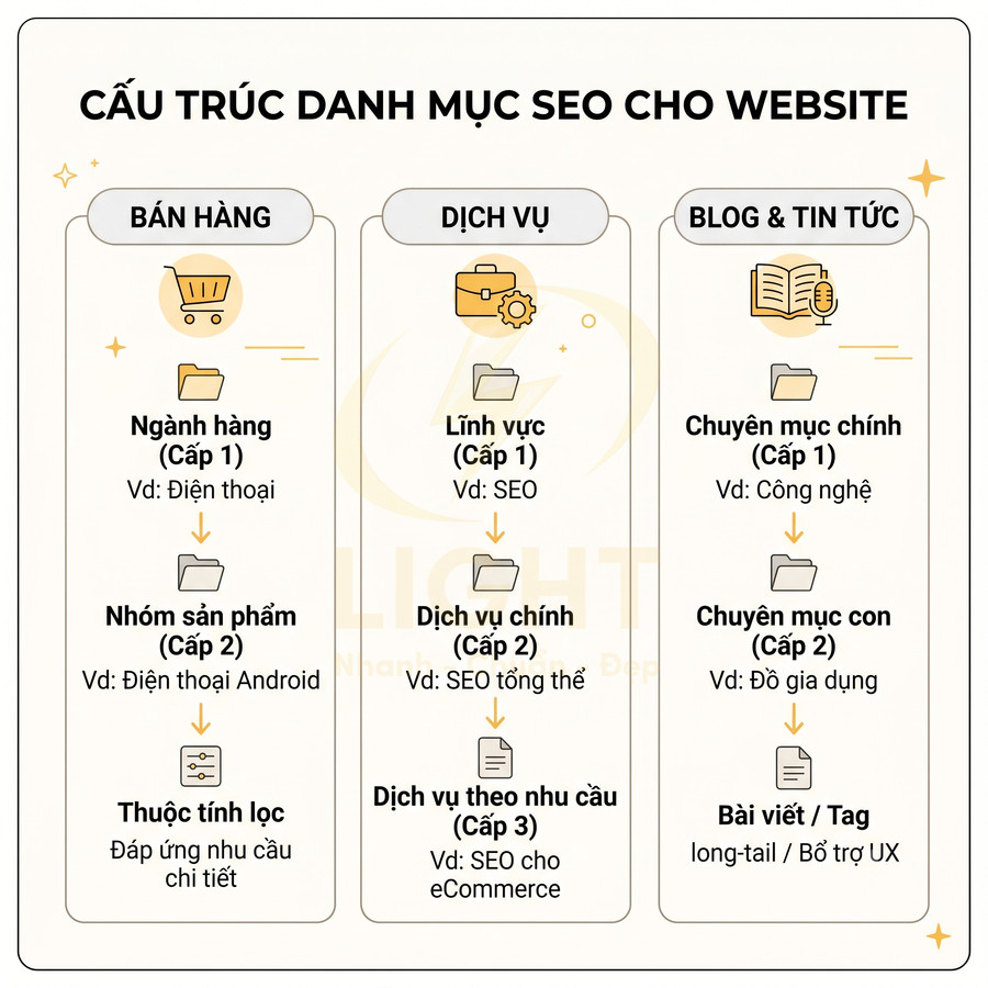 Cấu trúc danh mục SEO cho website gồm bán hàng dịch vụ blog tin tức với các cấp ngành nhóm và bài viết