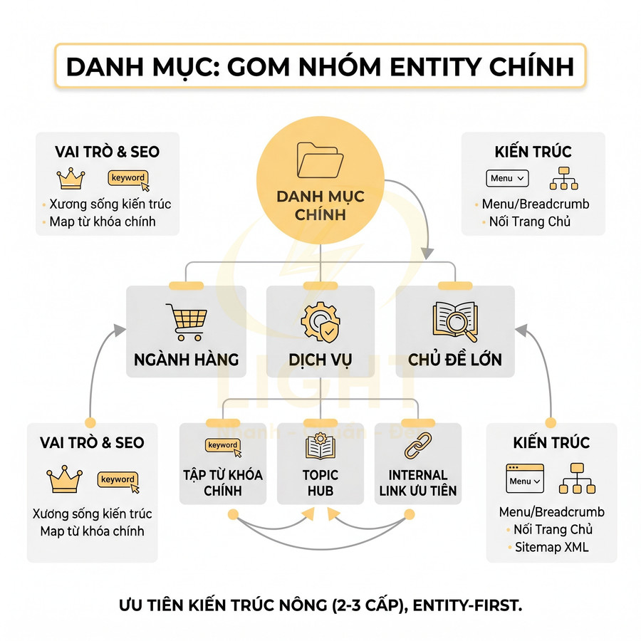 Sơ đồ cấu trúc danh mục website SEO với danh mục chính, ngành hàng, dịch vụ, chủ đề lớn và topic hub