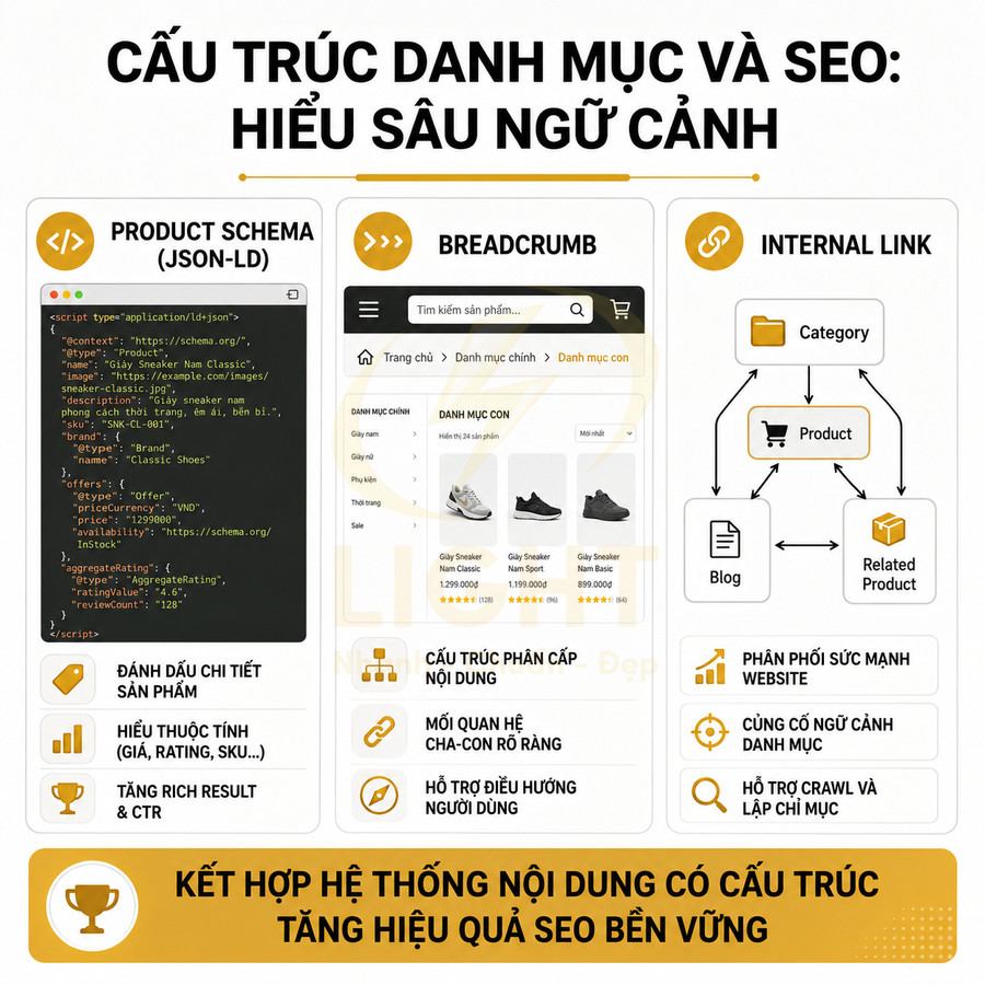 Minh họa cấu trúc danh mục sản phẩm giày sneaker và internal link tối ưu SEO với product schema và breadcrumb