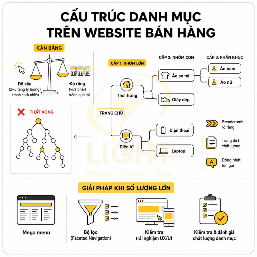 Infographic cấu trúc danh mục website bán hàng với ví dụ thời trang, điện tử và giải pháp tối ưu UX/UI