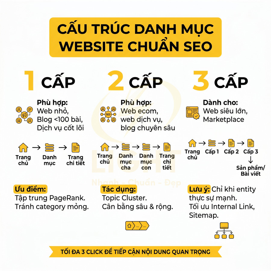 Cấu trúc danh mục website chuẩn SEO với mô hình 1 cấp, 2 cấp, 3 cấp và hướng dẫn tối đa 3 click đến nội dung quan trọng