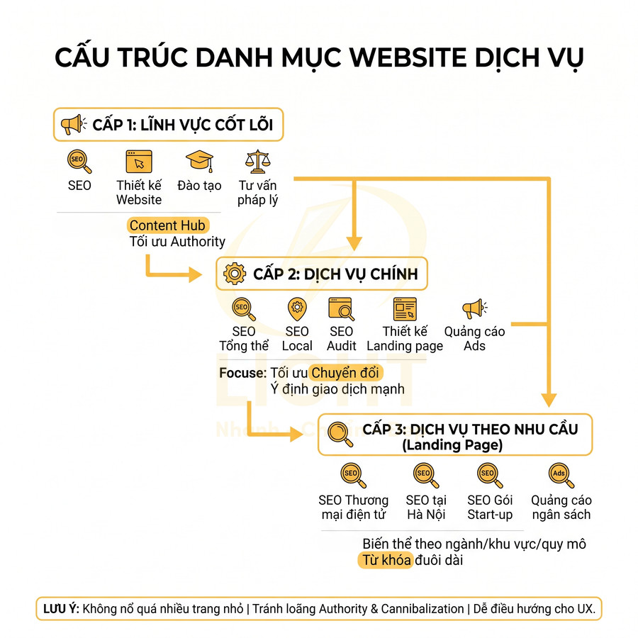 Sơ đồ cấu trúc danh mục website dịch vụ SEO với 3 cấp: lĩnh vực cốt lõi, dịch vụ chính và dịch vụ theo nhu cầu