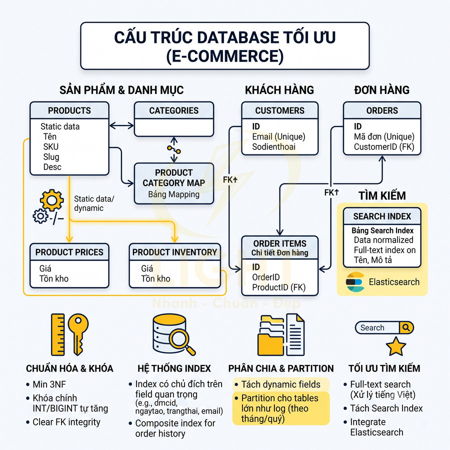 Sơ đồ cấu trúc database tối ưu cho website thương mại điện tử với bảng sản phẩm, khách hàng và đơn hàng