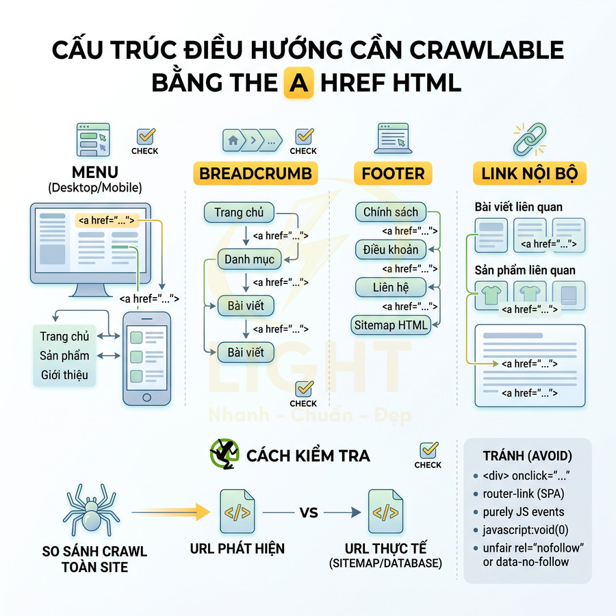 Hướng dẫn cấu trúc điều hướng website crawlable bằng thẻ a href HTML cho menu breadcrumb footer và link nội bộ