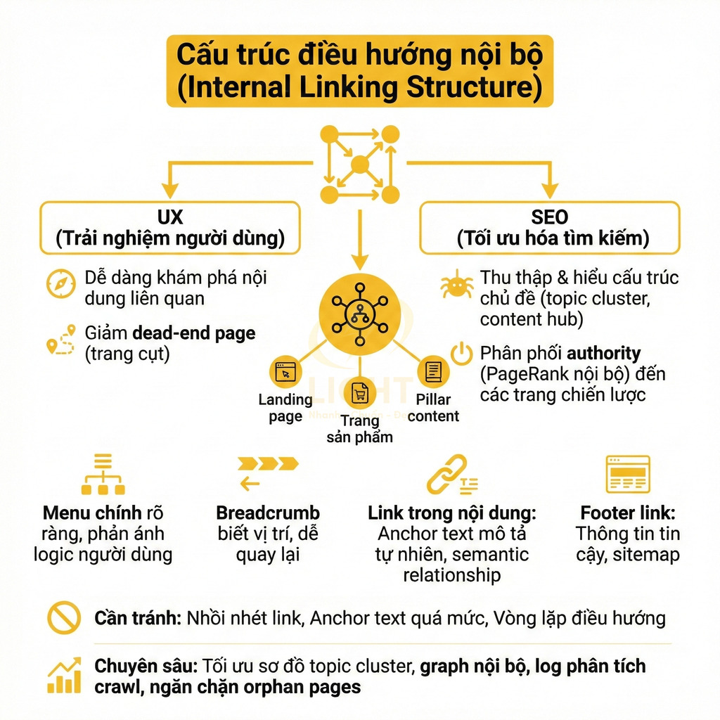 Sơ đồ cấu trúc điều hướng nội bộ website tối ưu UX và SEO với landing page, trang sản phẩm, pillar content