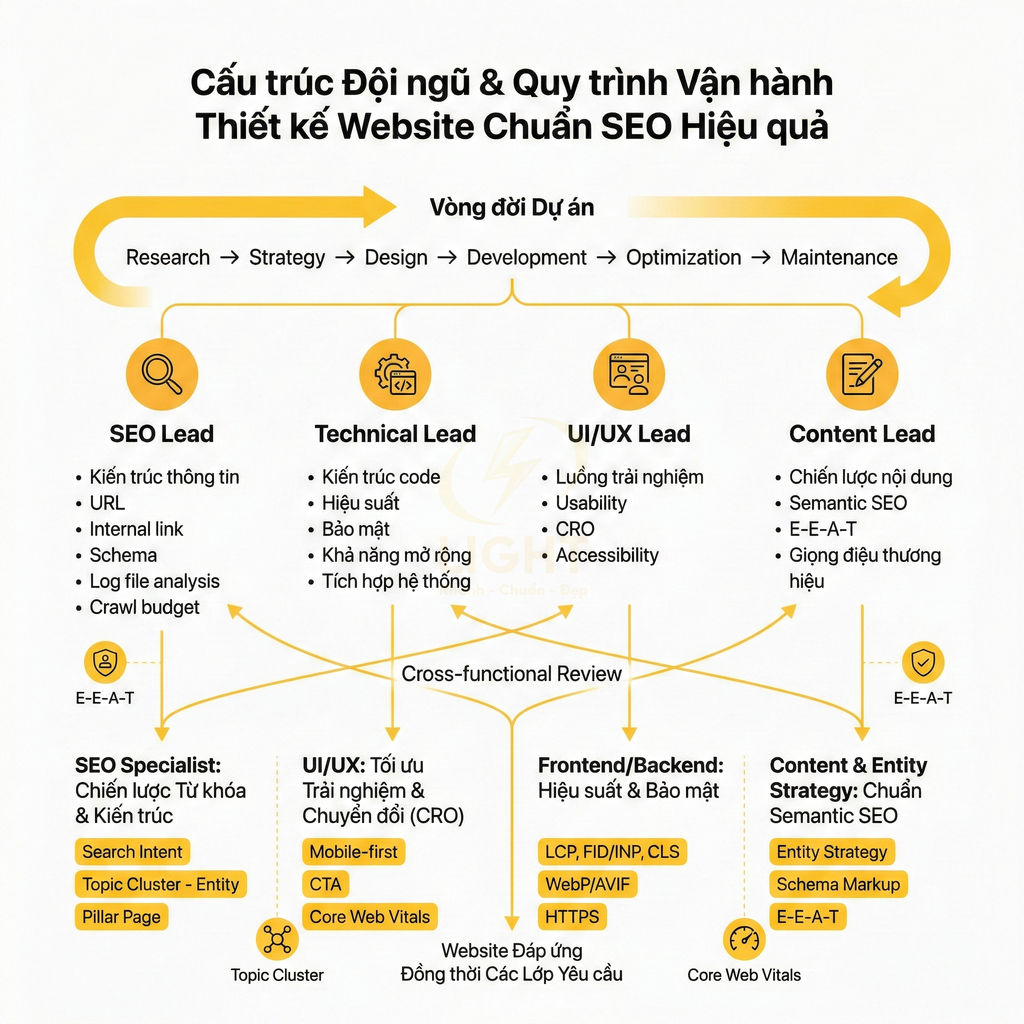 Sơ đồ cấu trúc đội ngũ và quy trình vận hành thiết kế website chuẩn SEO hiệu quả