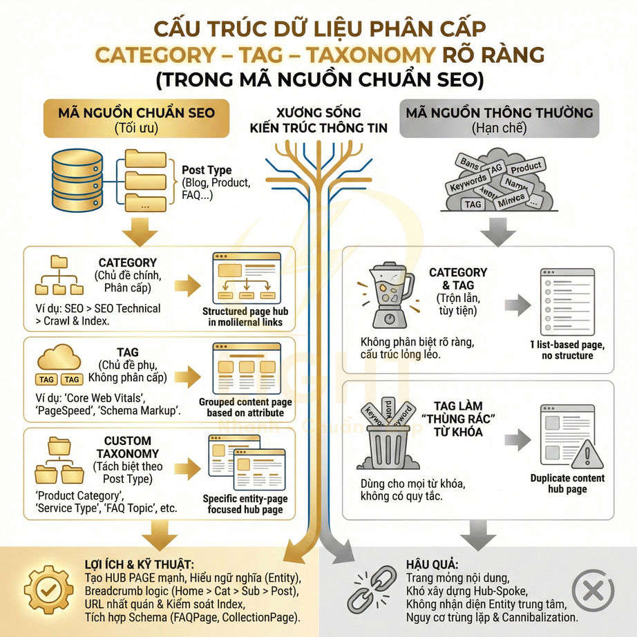 Cấu trúc dữ liệu phân cấp category tag taxonomy chuẩn SEO so sánh mã nguồn tối ưu và mã nguồn thông thường