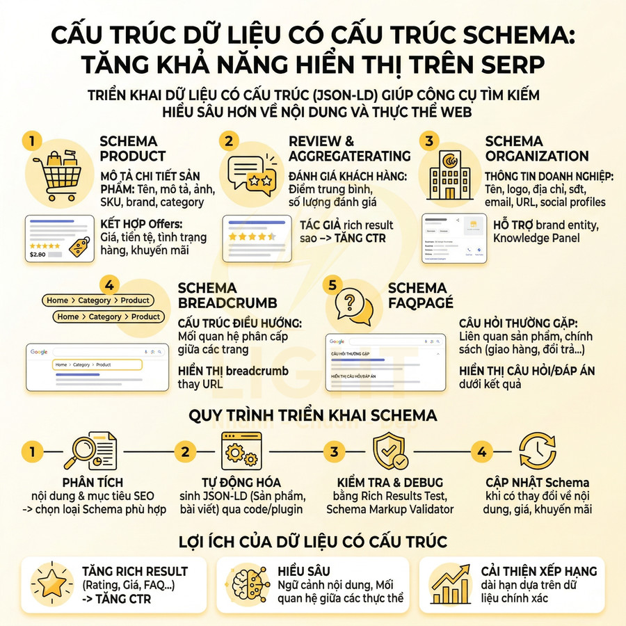 Infographic hướng dẫn triển khai dữ liệu có cấu trúc schema để tăng khả năng hiển thị SEO trên Google SERP
