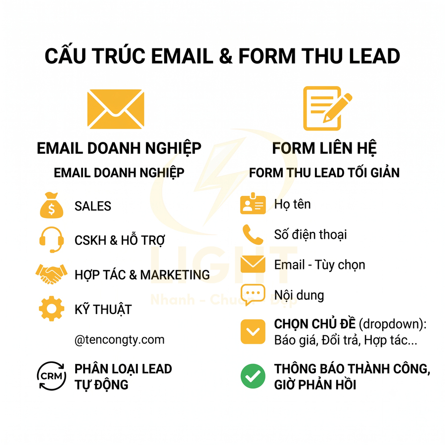 Cấu trúc email doanh nghiệp và form liên hệ thu lead tối giản với các trường thông tin và phân loại lead tự động