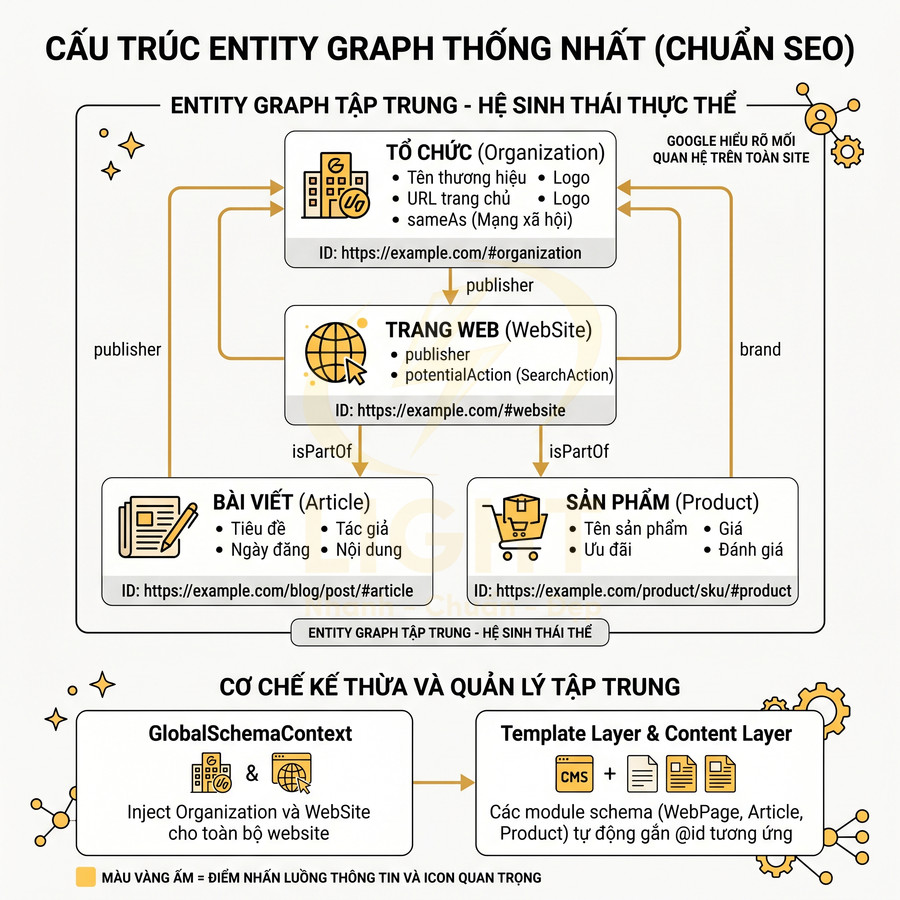 Sơ đồ cấu trúc entity graph thống nhất chuẩn SEO cho tổ chức, website, bài viết và sản phẩm