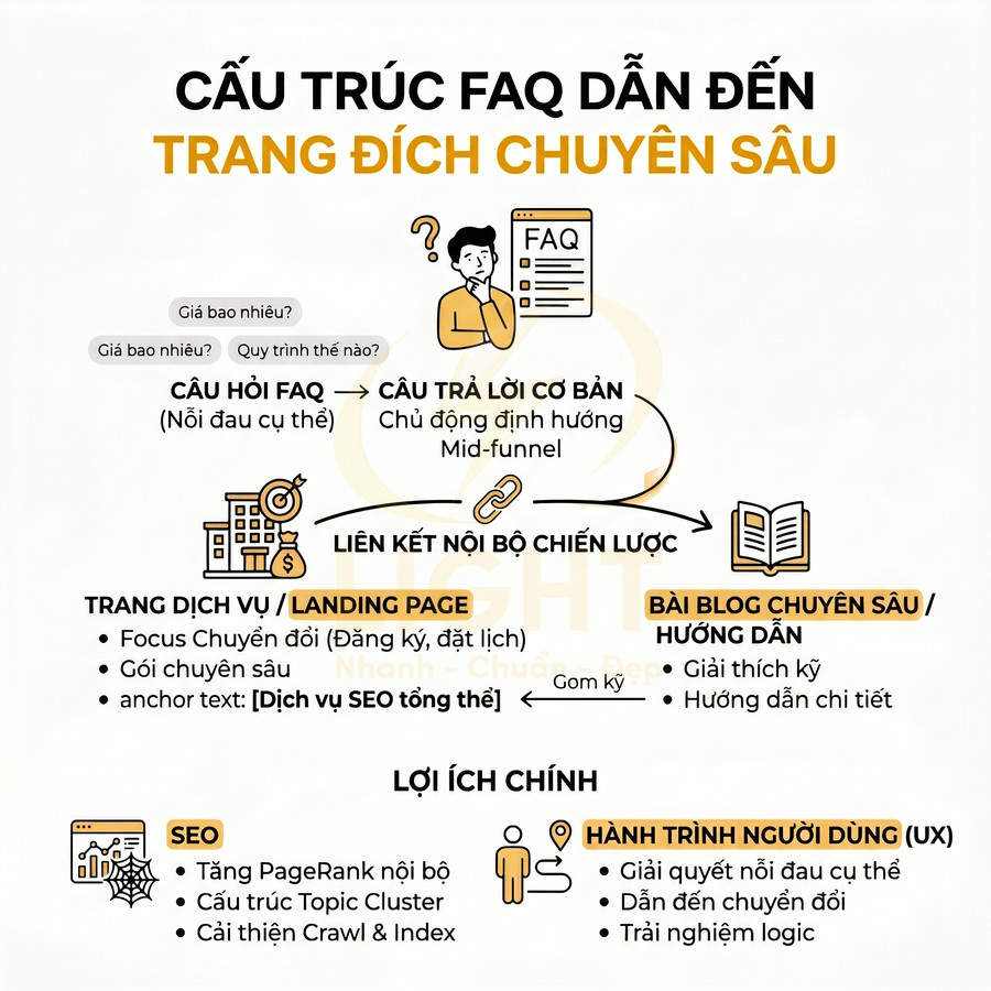 Cấu trúc FAQ dẫn đến trang đích chuyên sâu, mô tả liên kết nội bộ, lợi ích SEO và hành trình người dùng