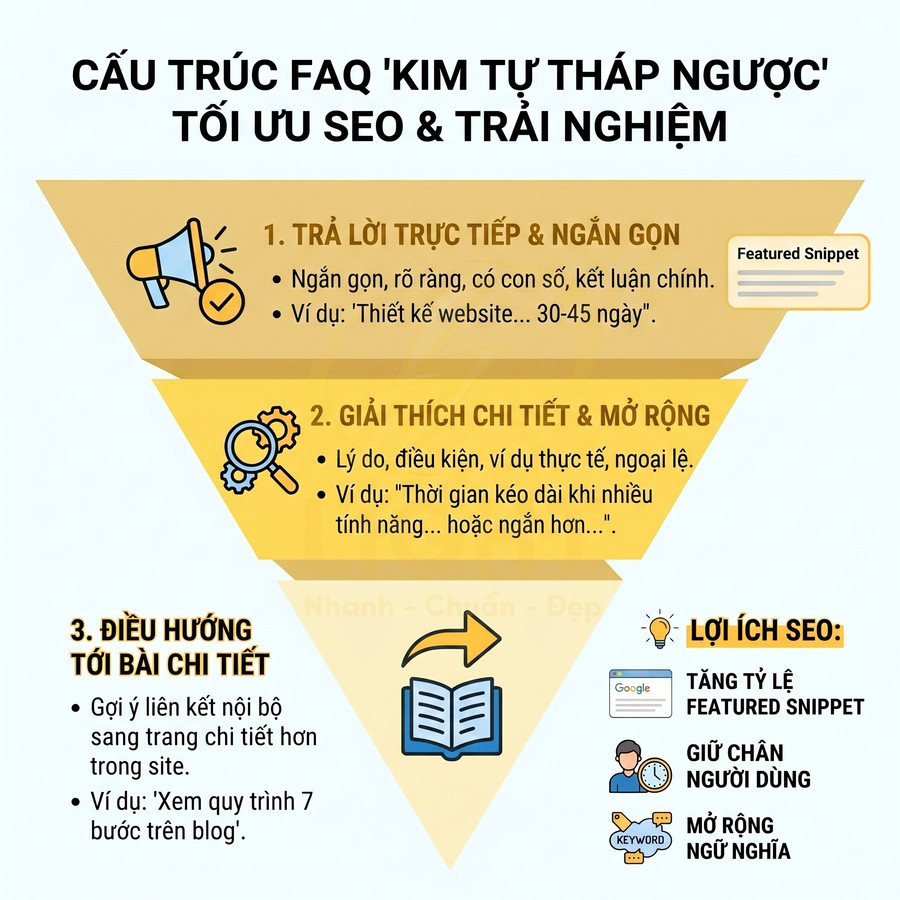Mô hình kim tự tháp ngược hướng dẫn cấu trúc FAQ tối ưu SEO với ba bước trả lời, giải thích và điều hướng bài chi tiết