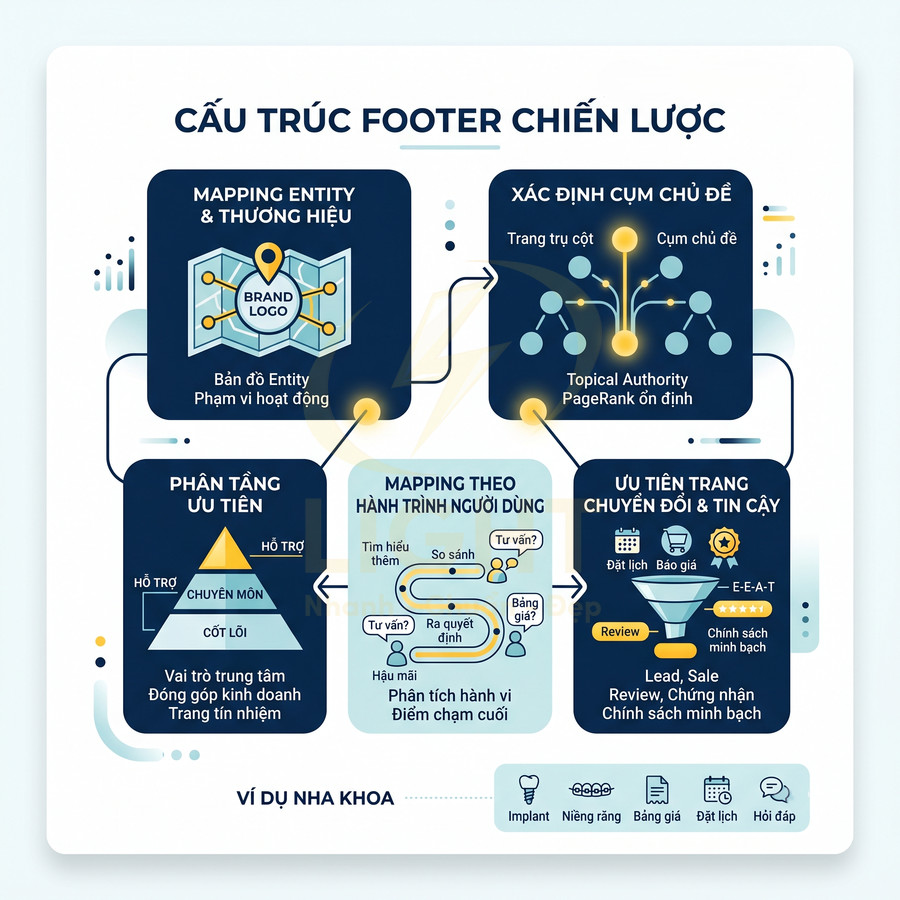 Sơ đồ cấu trúc footer chiến lược trong SEO với các bước mapping thương hiệu, chủ đề, hành trình người dùng và trang chuyển đổi