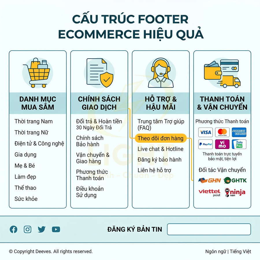 Cấu trúc footer ecommerce hiệu quả với danh mục mua sắm, chính sách giao dịch, hỗ trợ hậu mãi và thanh toán vận chuyển