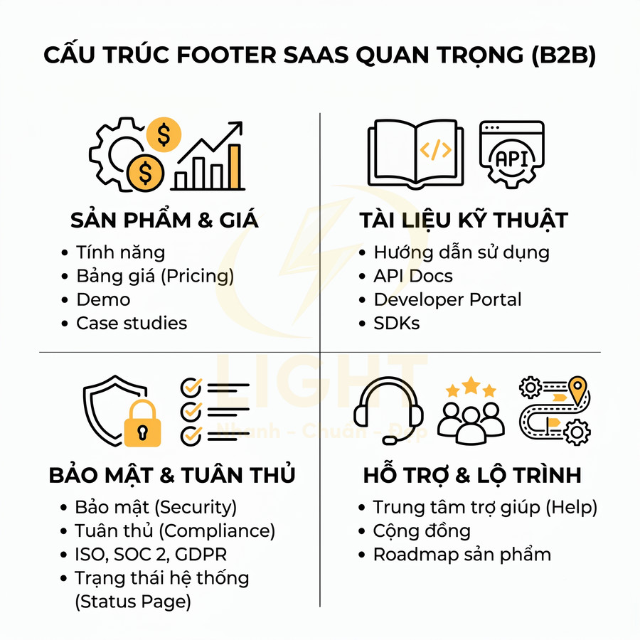 Cấu trúc footer SaaS B2B với 4 nhóm nội dung sản phẩm giá, tài liệu kỹ thuật, bảo mật và hỗ trợ lộ trình