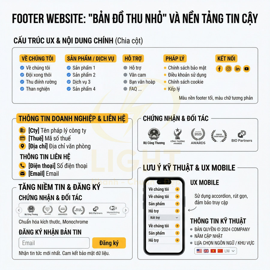Mẫu cấu trúc footer website chuẩn UX UI với các mục thông tin doanh nghiệp liên hệ chính sách và form đăng ký bản tin