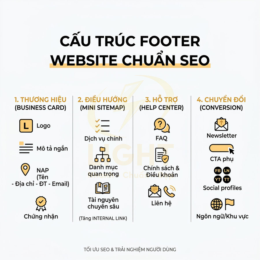 Cấu trúc footer website chuẩn SEO với 4 phần thương hiệu, điều hướng, hỗ trợ và chuyển đổi