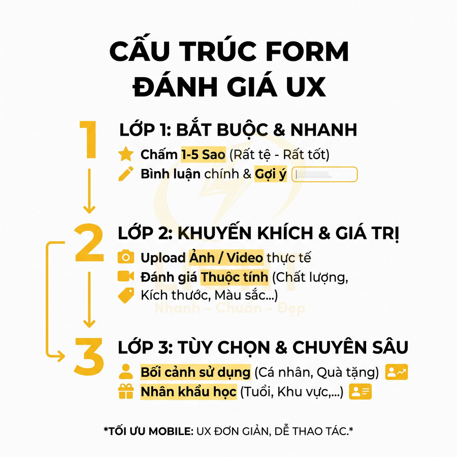 Cấu trúc form đánh giá UX ba lớp với chấm sao, bình luận, upload ảnh video và thông tin người dùng