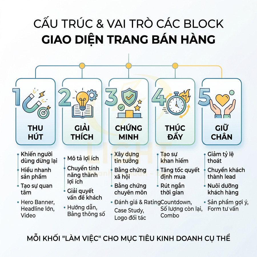 Infographic cấu trúc và vai trò 5 block giao diện trang bán hàng: thu hút, giải thích, chứng minh, thúc đẩy, giữ chân