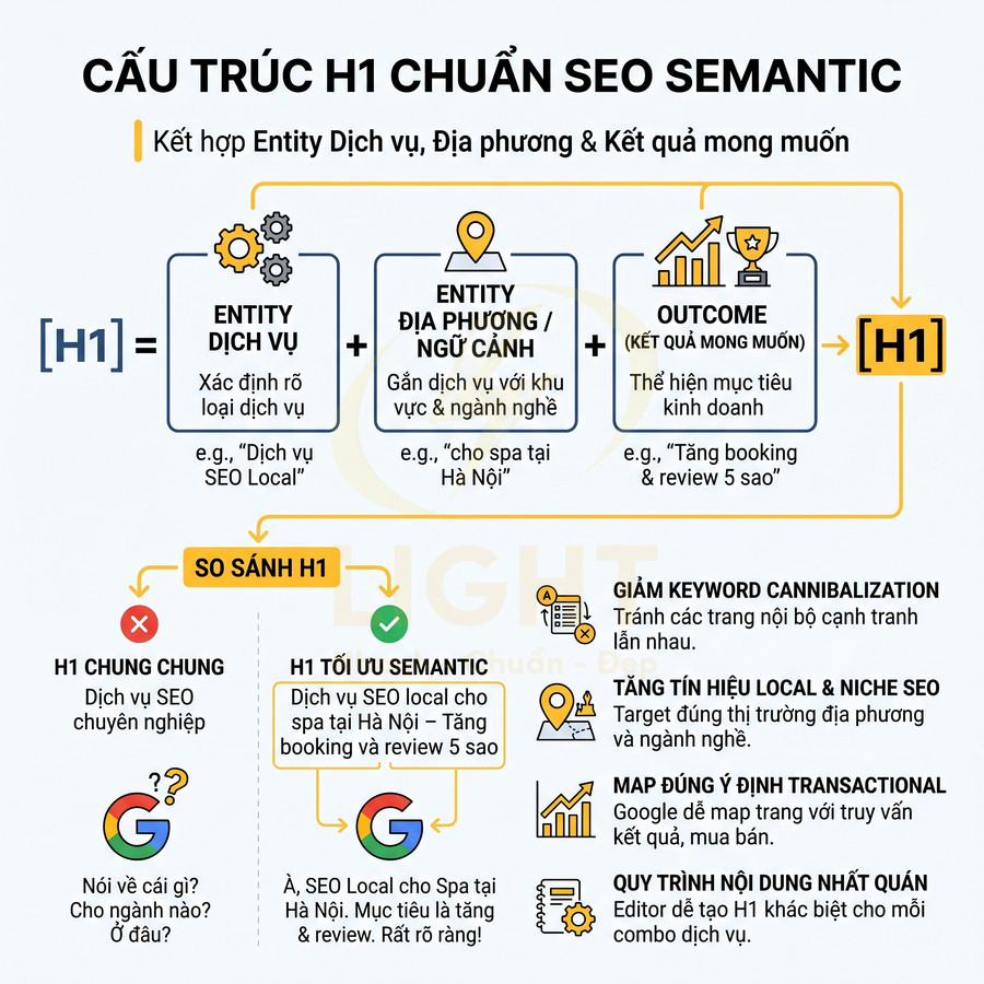 Infographic hướng dẫn cấu trúc H1 chuẩn SEO semantic kết hợp entity dịch vụ địa phương và kết quả mong muốn