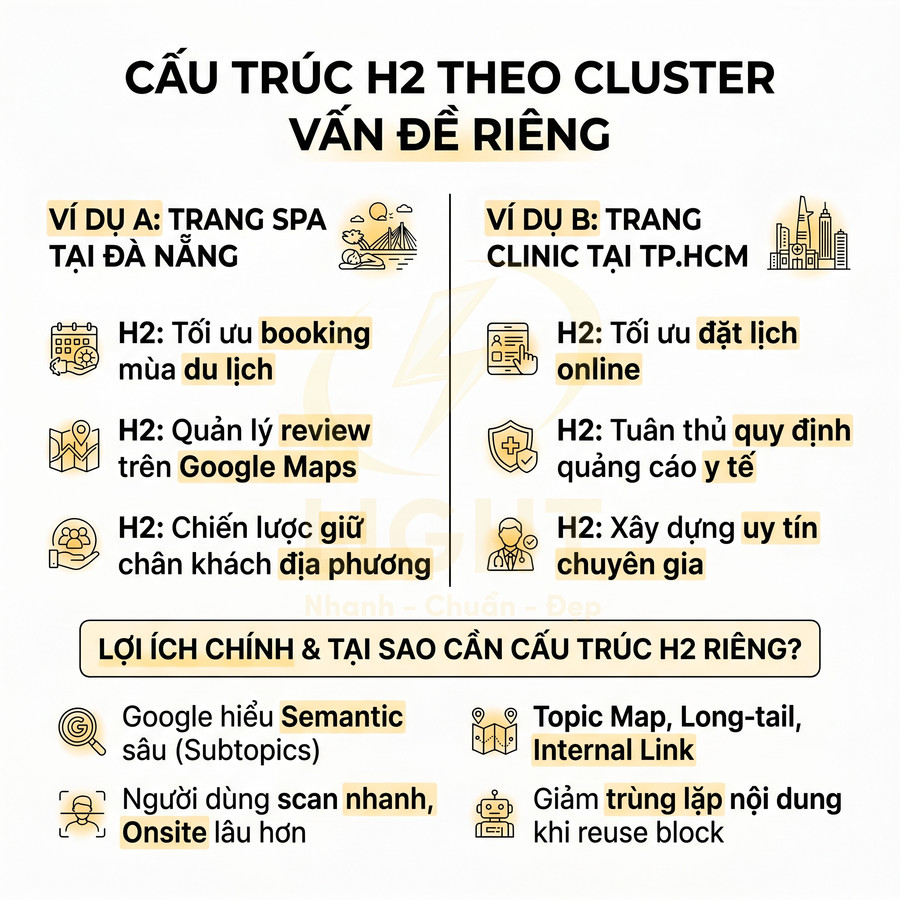 Infographic hướng dẫn cấu trúc H2 theo cluster vấn đề riêng cho trang spa Đà Nẵng và trang clinic TP HCM