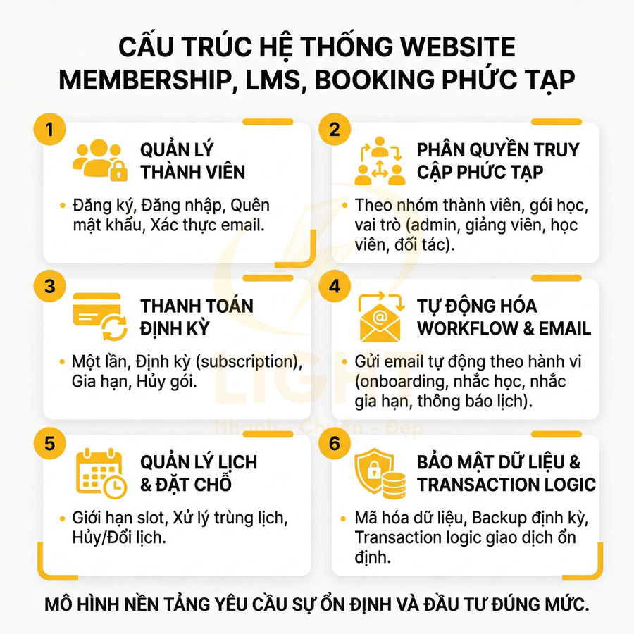 Cấu trúc hệ thống website membership LMS booking với 6 module quản lý thành viên thanh toán lịch đặt chỗ bảo mật dữ liệu