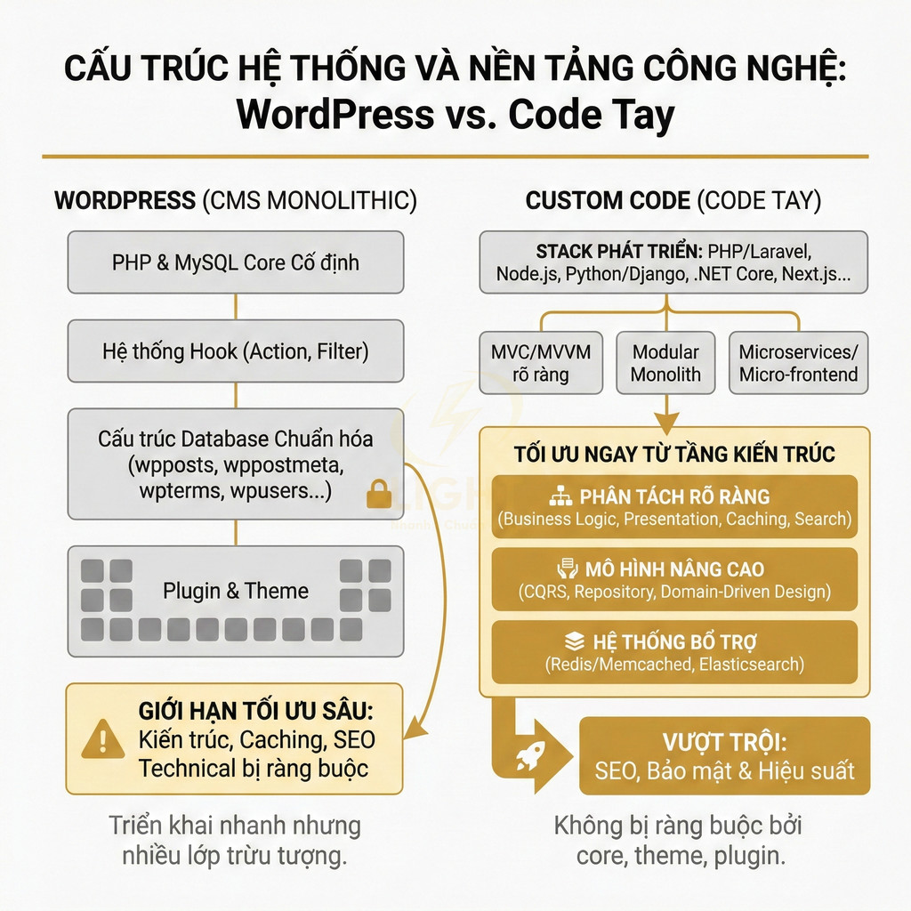 So sánh cấu trúc hệ thống và nền tảng công nghệ WordPress với code tay tối ưu SEO, bảo mật, hiệu suất