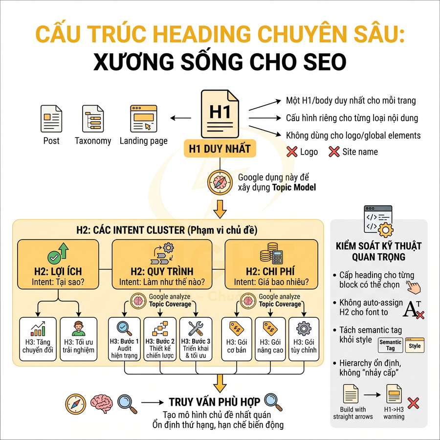 Cấu trúc heading chuyên sâu làm xương sống cho SEO với H1 duy nhất và các H2 intent cluster lợi ích quy trình chi phí