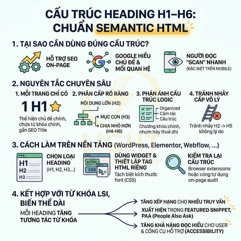Hướng dẫn cấu trúc heading H1 đến H6 chuẩn semantic HTML tối ưu SEO onpage bằng tiếng Việt