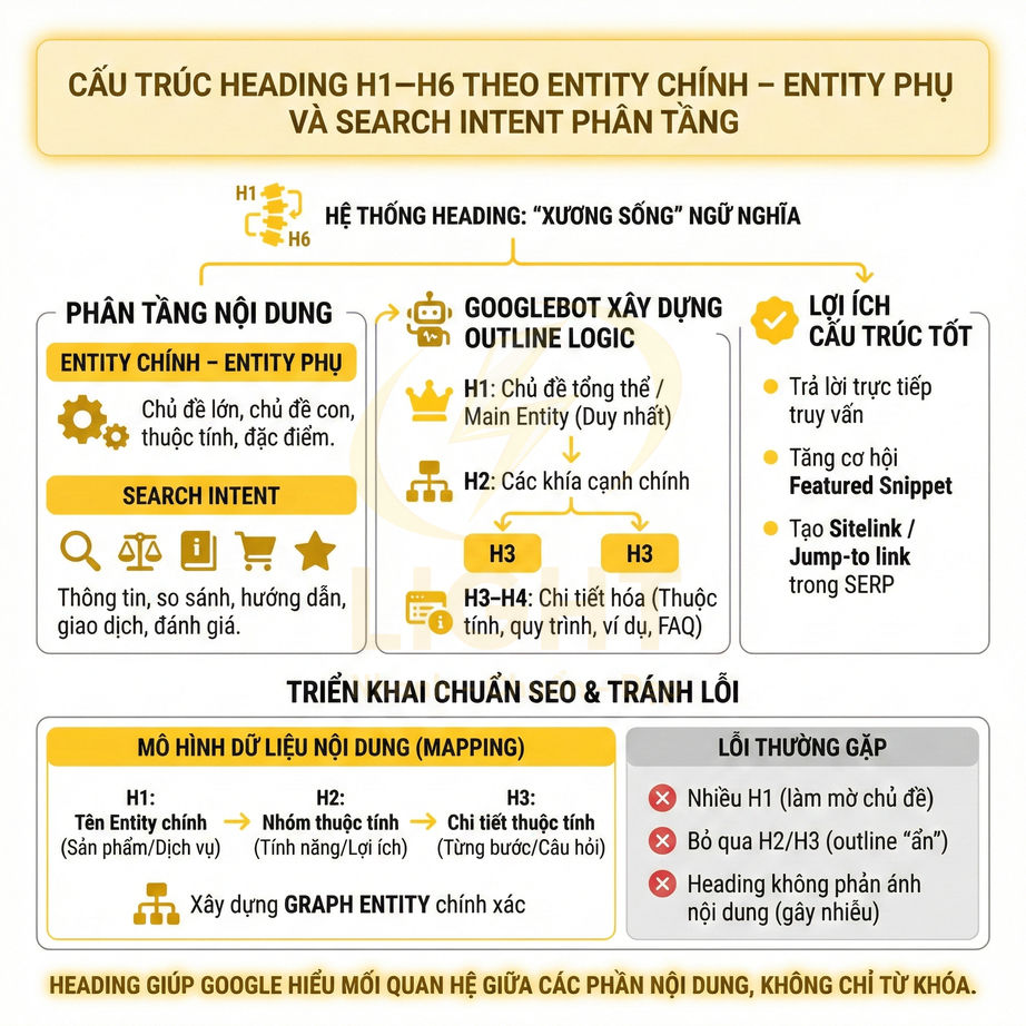 Sơ đồ hướng dẫn cấu trúc heading H1 đến H6 theo entity chính phụ và search intent chuẩn SEO