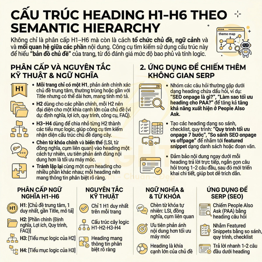 Cấu trúc heading H1 H6 theo semantic hierarchy và cách tối ưu SEO onpage bằng phân cấp tiêu đề