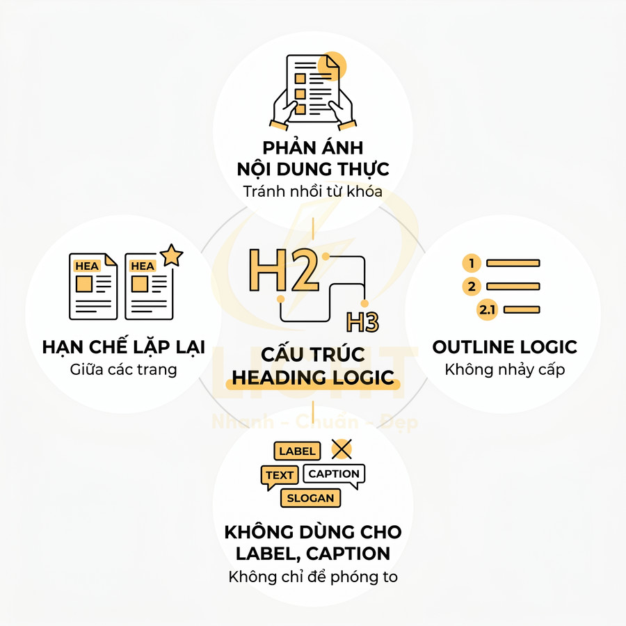 Hướng dẫn tối ưu thẻ heading chuẩn SEO với cấu trúc logic, hạn chế lặp lại và không nhồi nhét từ khóa