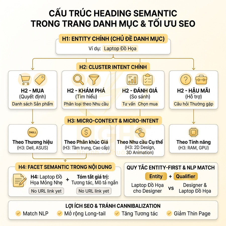 Sơ đồ cấu trúc heading semantic cho trang danh mục laptop đồ họa tối ưu SEO bằng H1 H2 H3 H4