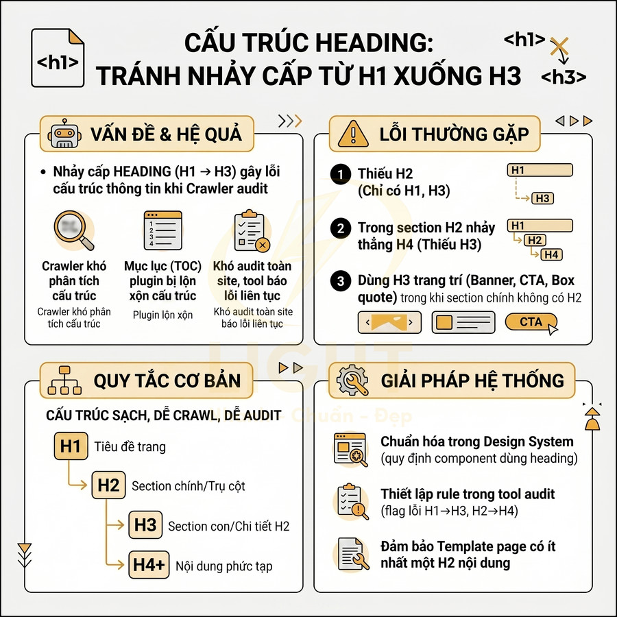 Infographic hướng dẫn cấu trúc heading chuẩn SEO, tránh nhảy cấp từ H1 xuống H3 và quy tắc dùng H1 H2 H3 H4