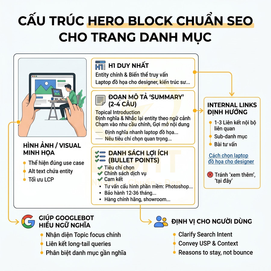 Cấu trúc hero block chuẩn SEO cho trang danh mục với ví dụ laptop đồ họa cho designer
