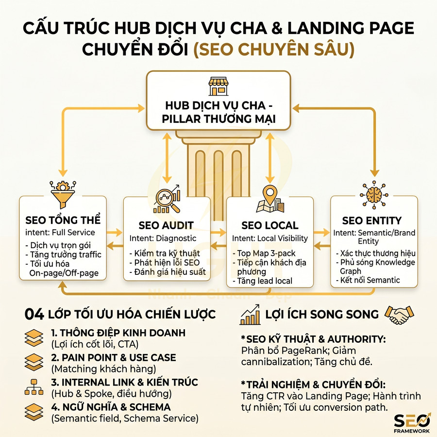 Sơ đồ cấu trúc hub dịch vụ SEO cha và landing page chuyển đổi với các gói SEO tổng thể, audit, local và entity