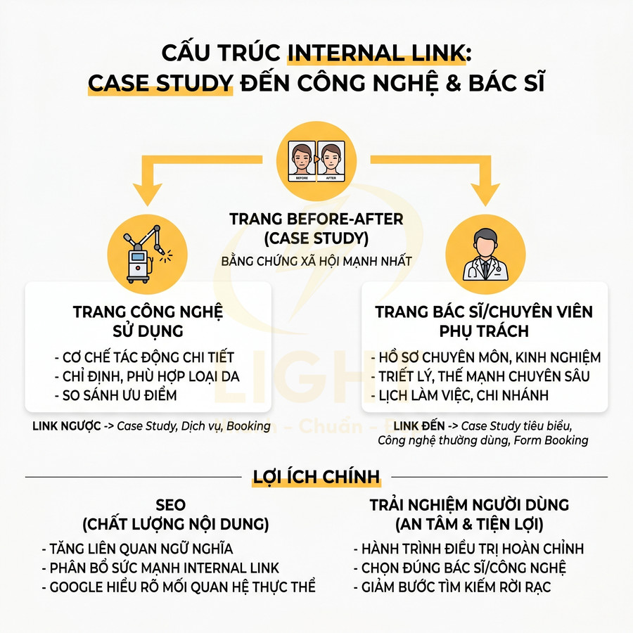 Cấu trúc internal link từ case study đến trang công nghệ và bác sĩ trong marketing thẩm mỹ