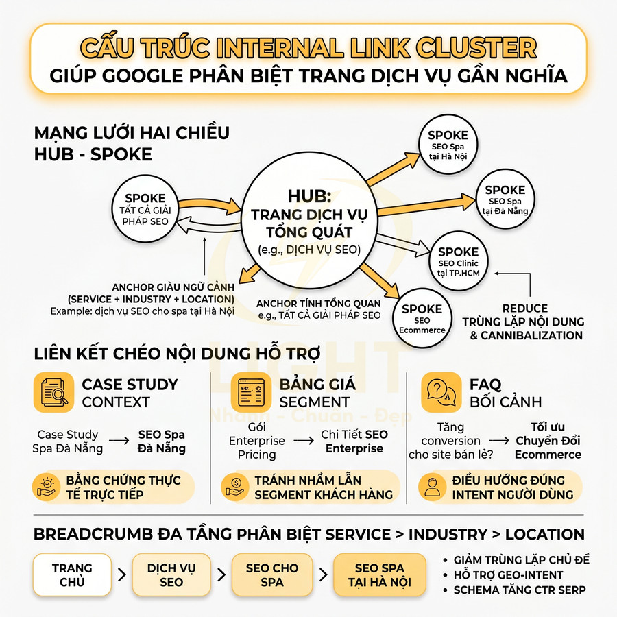 Sơ đồ cấu trúc internal link cluster cho trang dịch vụ SEO, hub spoke, liên kết chéo và breadcrumb đa tầng